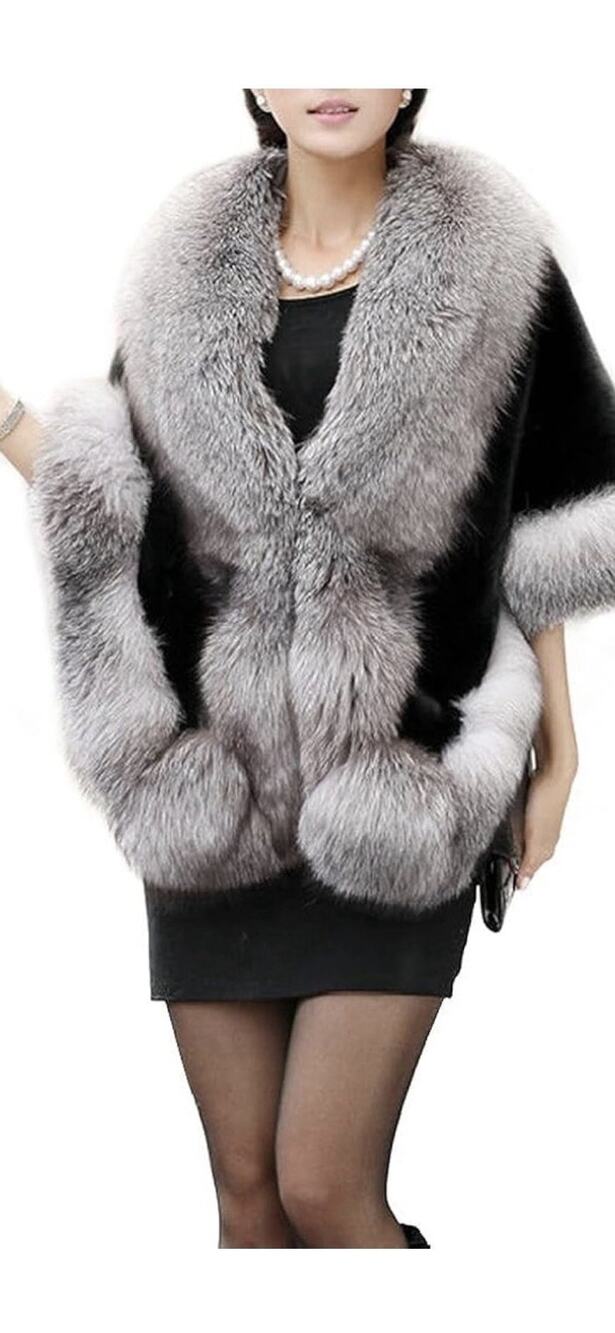 UMREN Women's Luxury Party Faux Fox Fur Long Shawl Cloak One Size B-dark Grey